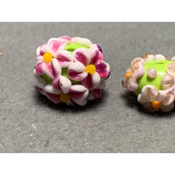 Handmade Floral Lampwork Glass Beads Green Base with Pink & White Flowers Bead - Picture 2 of 6